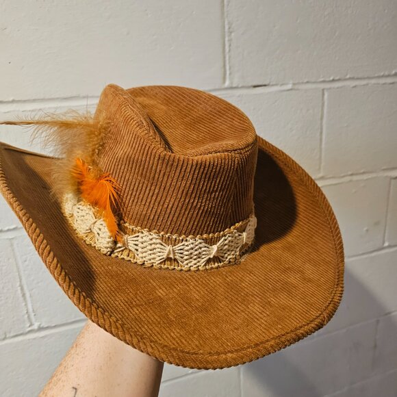 Vintage 70\'s Tan Corduroy Western Motoboho Bohemian Cowgirl Cowboy Hat main image 10